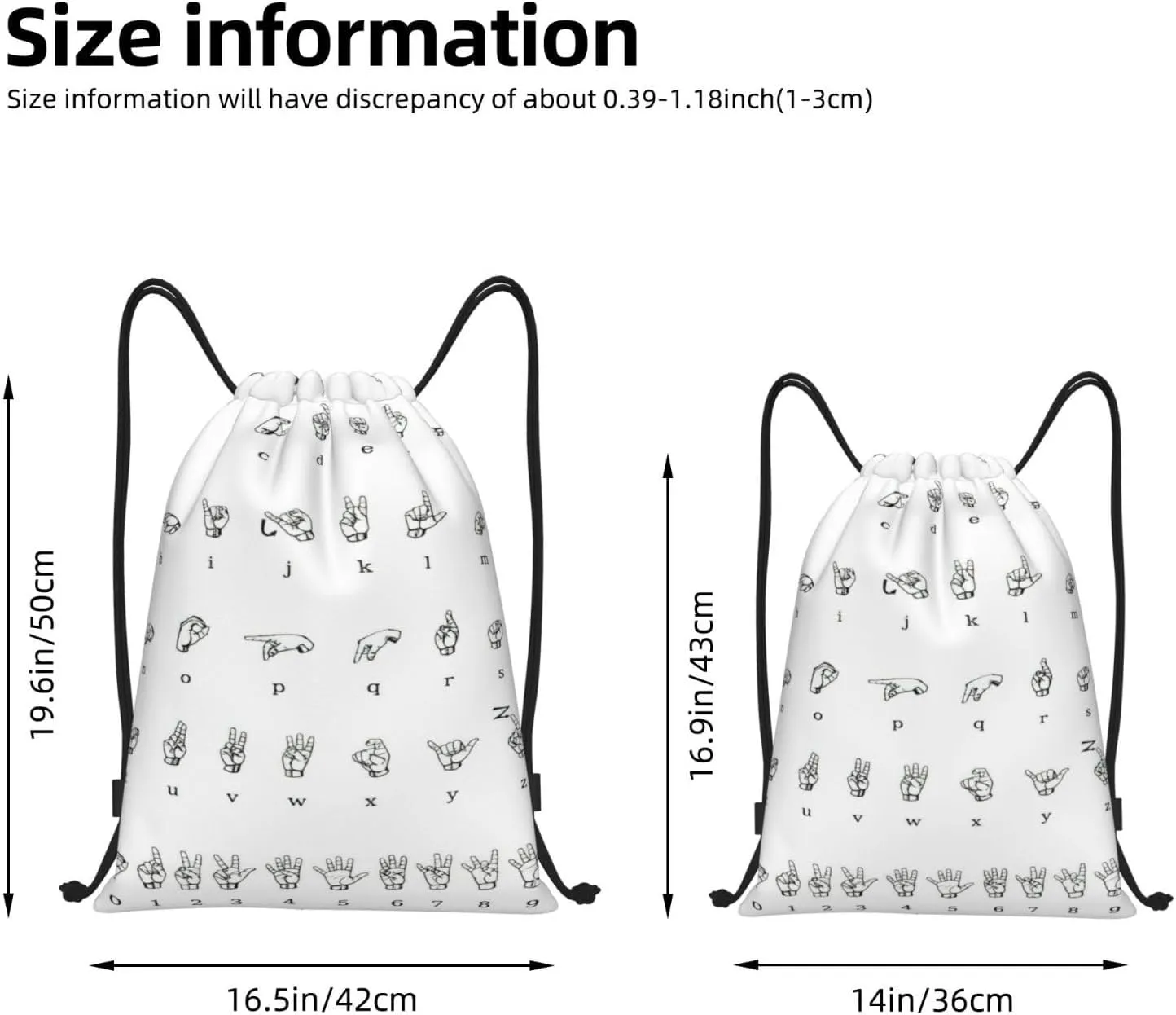 Sign Language Alphabet Print Drawstring Bags,Gym Sport Sack Drawstring Bag Suitable for sport Swimming Travel.