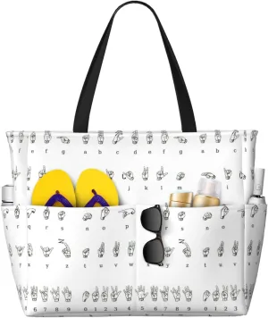 Sign Language Alphabet Print Large Capacity Foldable Washable Zipper Beach Travel Tote Bag ShoppingBag