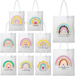 Silkfly 10 Pack Rainbow Teacher Tote Bags Gift for Christmas, Teacher's Day, End of Semester, Retirement Teacher Appreciation Gift Reusable Canvas Bags for Women 15 x 14 Inch