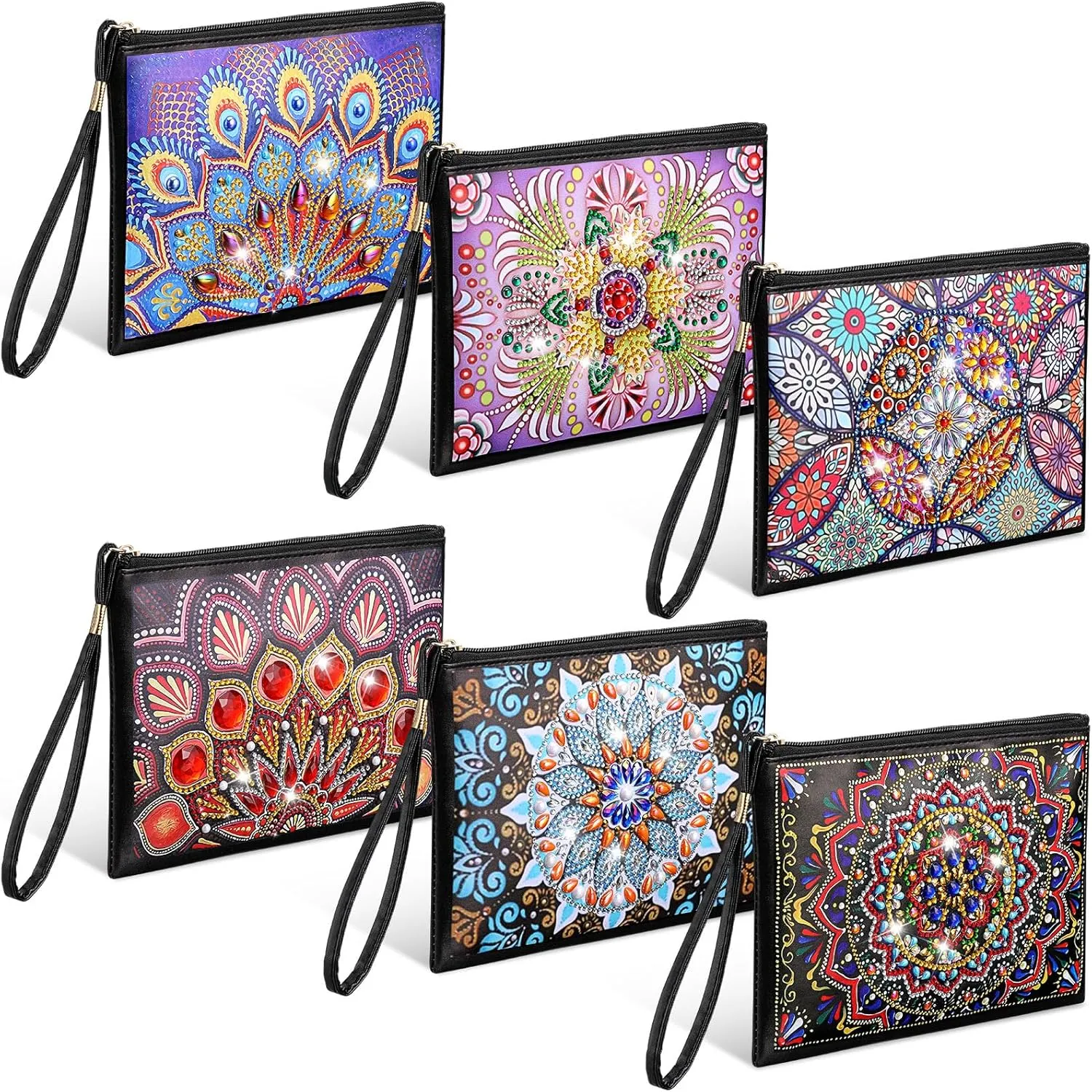 Silkfly 6 Pcs Diamond Painting Purses Clutch DIY Diamond Handbag PU Leather Painting Bags 5d Handmade Wristlet Wallet with Strap and Zipper for Women Gift(Mandala Style)