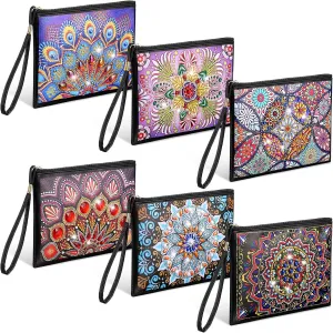Silkfly 6 Pcs Diamond Painting Purses Clutch DIY Diamond Handbag PU Leather Painting Bags 5d Handmade Wristlet Wallet with Strap and Zipper for Women Gift(Mandala Style)