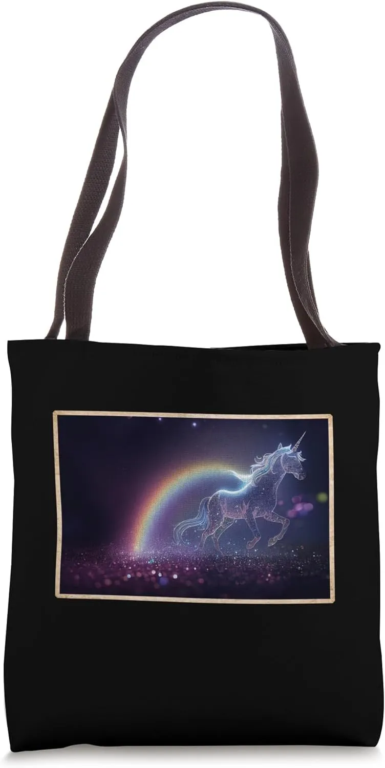 Silver-Metal Unicorn Galloping On A Rainbow In The Galaxy Tote Bag