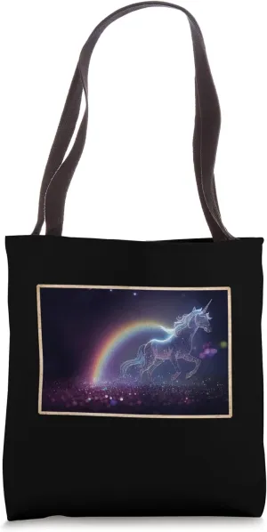 Silver-Metal Unicorn Galloping On A Rainbow In The Galaxy Tote Bag