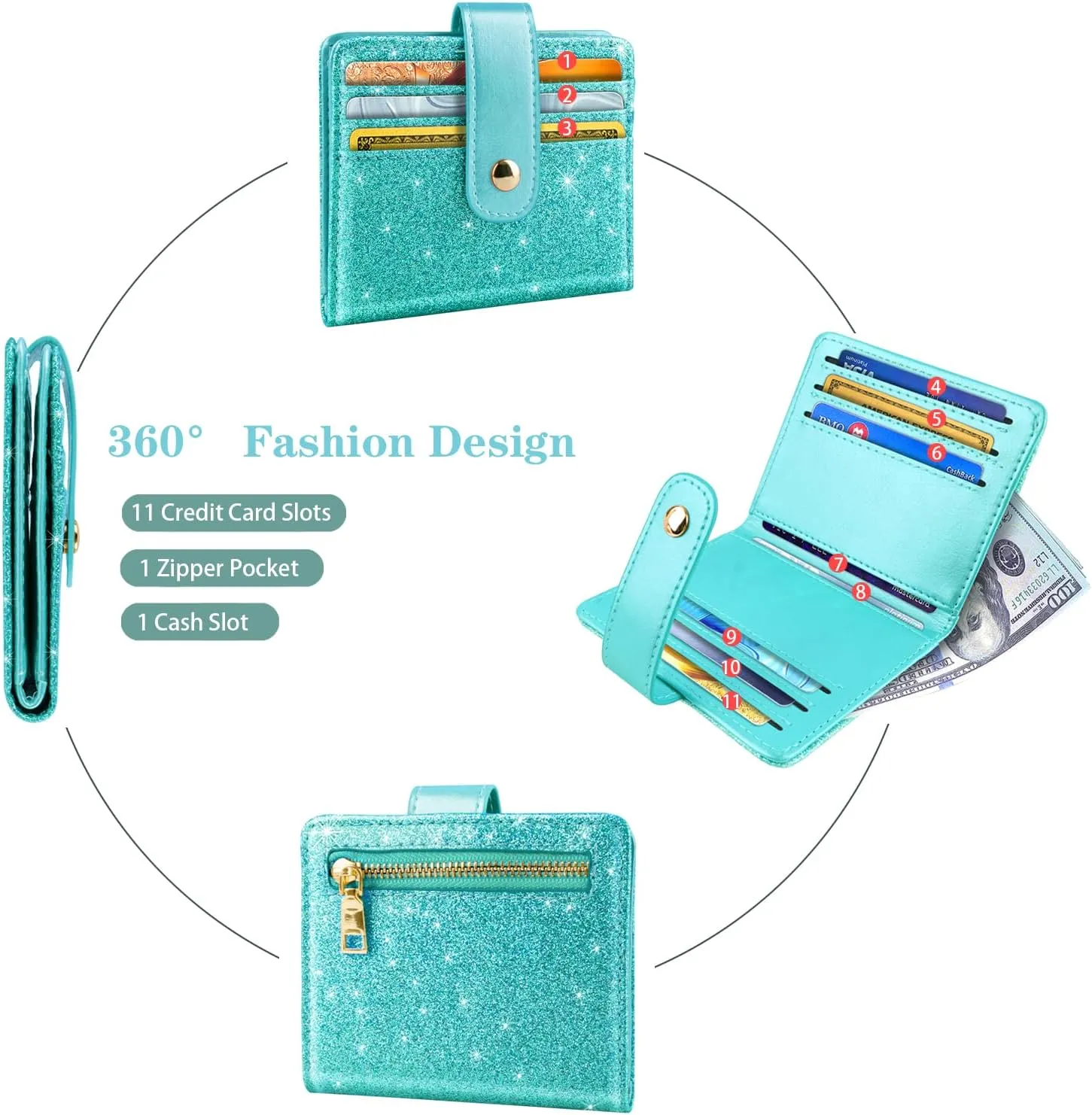 Slim Bifold Wallet RFID Credit Card Wallet Glitter Leather Small Cute Card Holder for Women, Tiffany