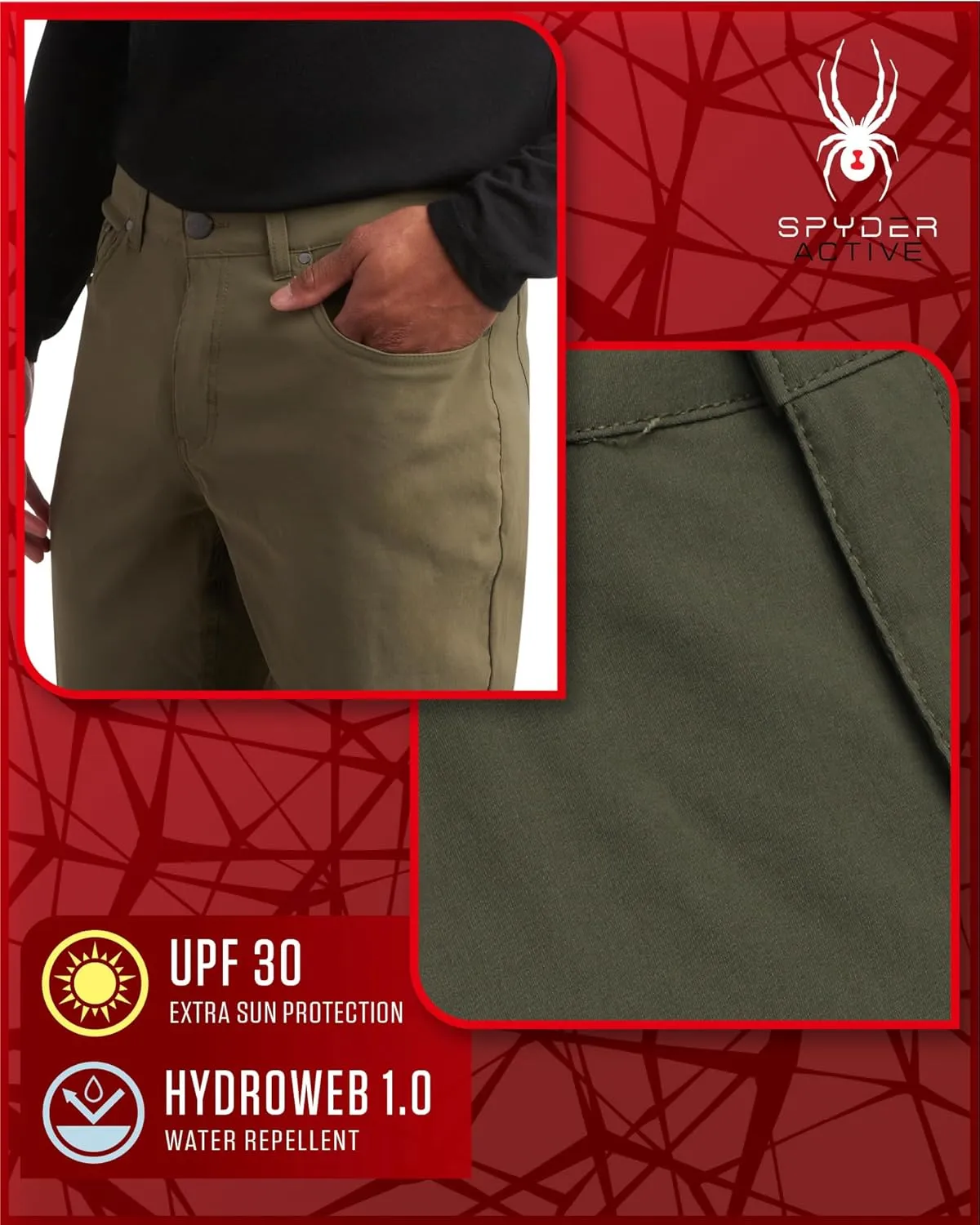 Spyder Mens Golf Pants - Lightweight Stretch Nylon Quick Dry Work Dress Pants for Men with UPF 30  and Pockets (Sizes: 30-38)