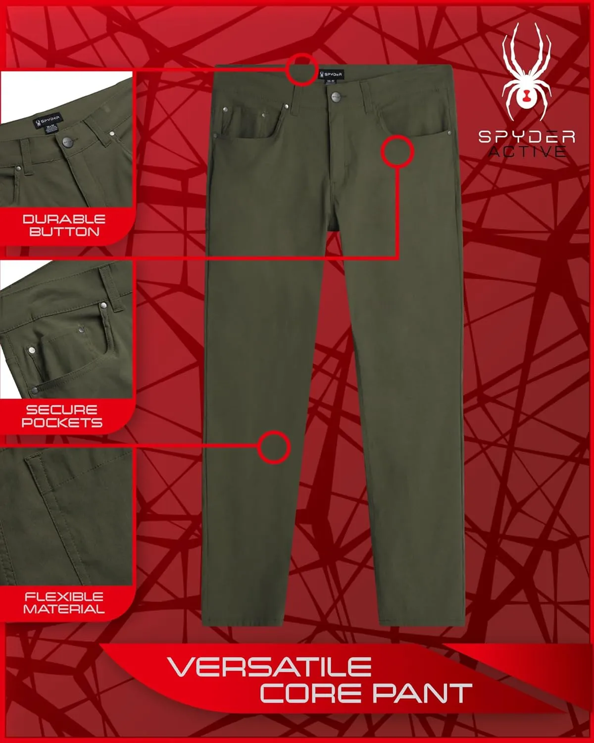 Spyder Mens Golf Pants - Lightweight Stretch Nylon Quick Dry Work Dress Pants for Men with UPF 30  and Pockets (Sizes: 30-38)