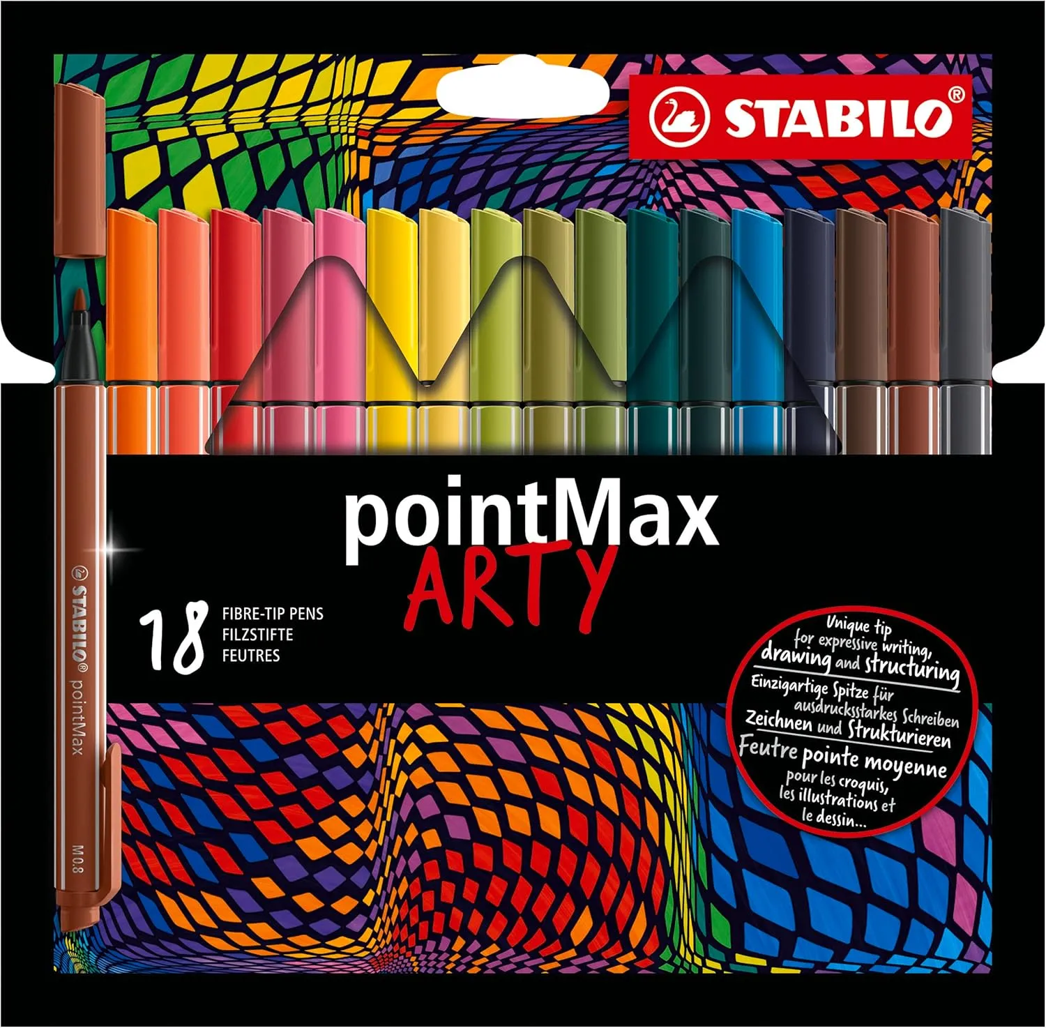 STABILO Fineliner pointMax ARTY - Pack of 18 - Assorted Colors - Nylon Medium 0.8mm Tip, Water Based Quick Dry Ink