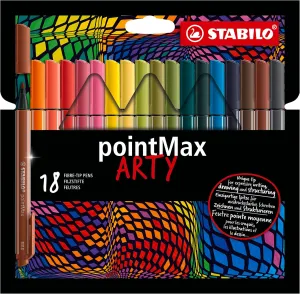 STABILO Fineliner pointMax ARTY - Pack of 18 - Assorted Colors - Nylon Medium 0.8mm Tip, Water Based Quick Dry Ink