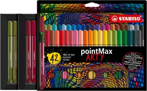 STABILO Fineliner pointMax Arty - Pack of 42 - Assorted Colors - Nylon Medium 0.8mm Tip, Water Based Quick Dry Ink