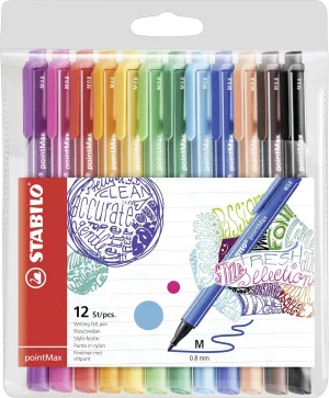 STABILO Fineliner pointMax - Pack of 12 - Assorted Colors - Nylon Medium 0.8mm Tip, Water Based Quick Dry Ink