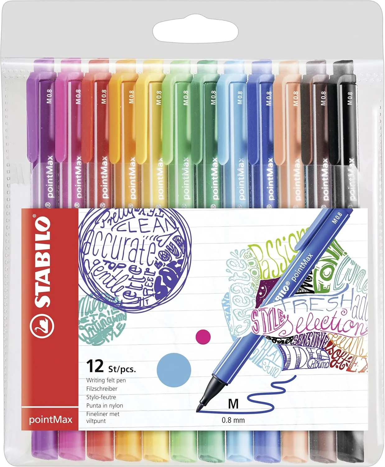 STABILO Fineliner pointMax - Pack of 12 - Assorted Colors - Nylon Medium 0.8mm Tip, Water Based Quick Dry Ink
