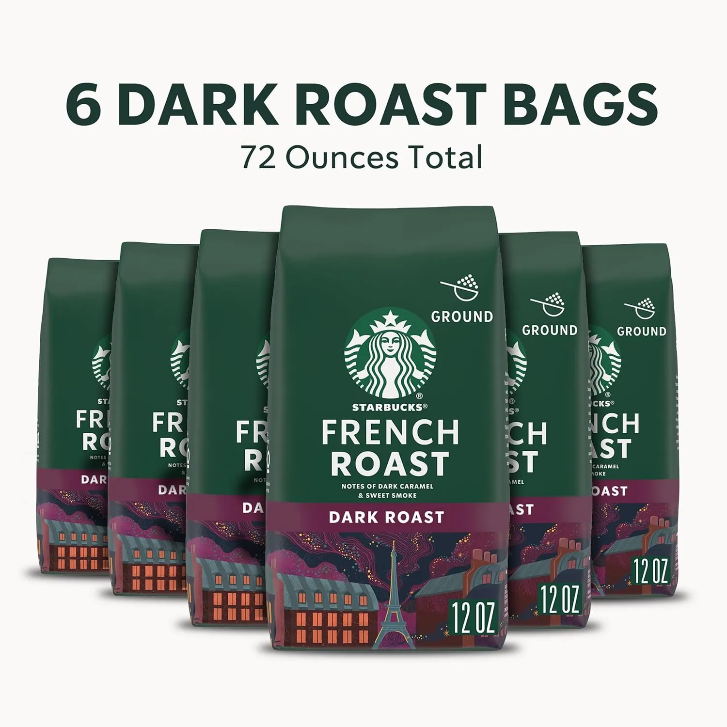 Starbucks Ground Coffee, Dark Roast Coffee, French Roast, 100% Arabica, 6 bags (12 oz each)