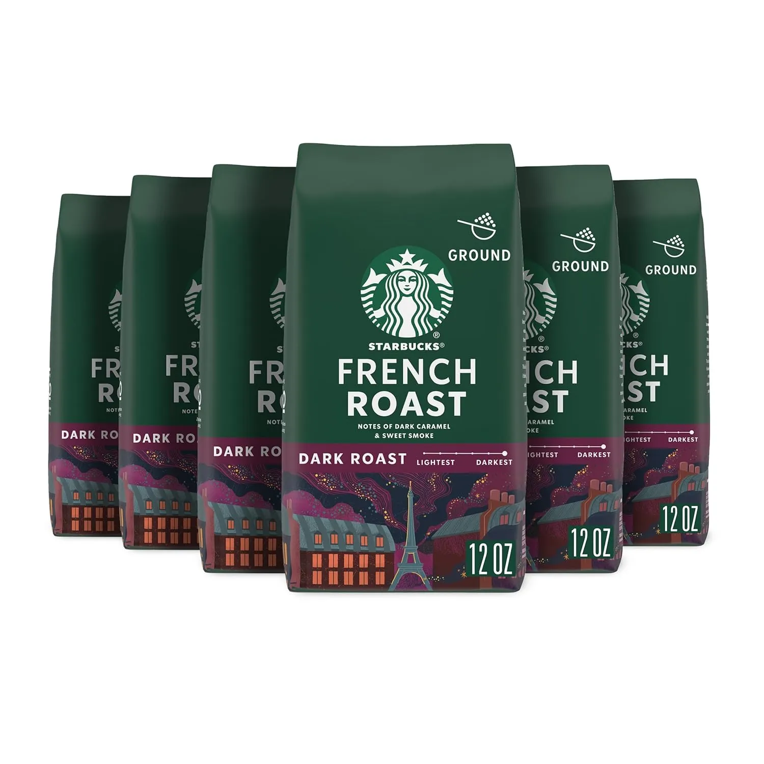Starbucks Ground Coffee, Dark Roast Coffee, French Roast, 100% Arabica, 6 bags (12 oz each)