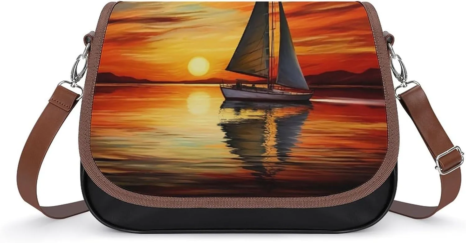 Sunrise Sailing Boat Shoulder Bags PU Leather Shoulder Handbag Large Capacity Crossbody Bag for Women