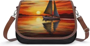 Sunrise Sailing Boat Shoulder Bags PU Leather Shoulder Handbag Large Capacity Crossbody Bag for Women
