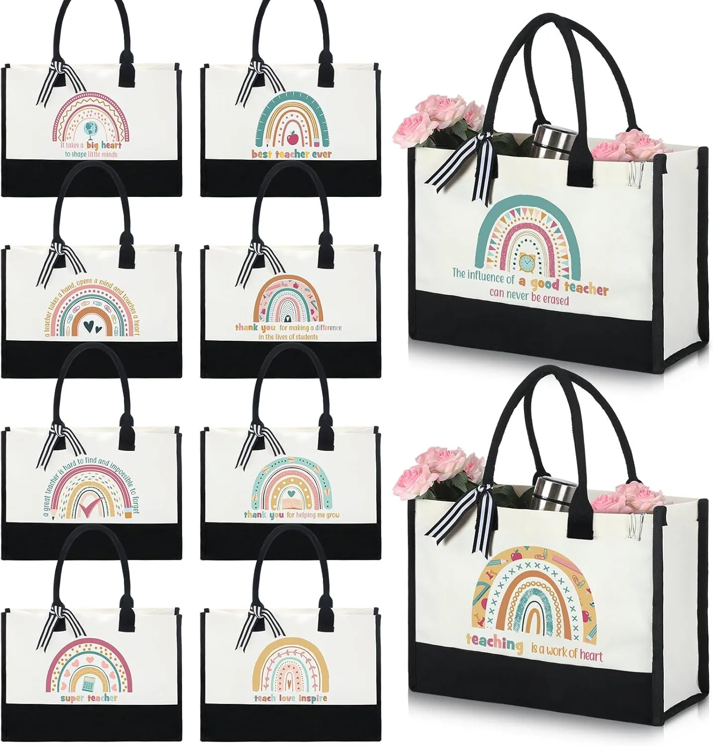Sweetude 10 Pack Teacher Appreciation Gift Bulk Teachers Day Gifts Rainbow Canvas Tote Beach Bag for Women Mother Holiday Christmas
