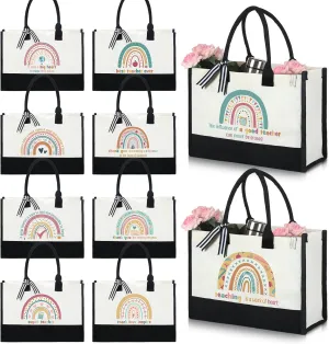 Sweetude 10 Pack Teacher Appreciation Gift Bulk Teachers Day Gifts Rainbow Canvas Tote Beach Bag for Women Mother Holiday Christmas