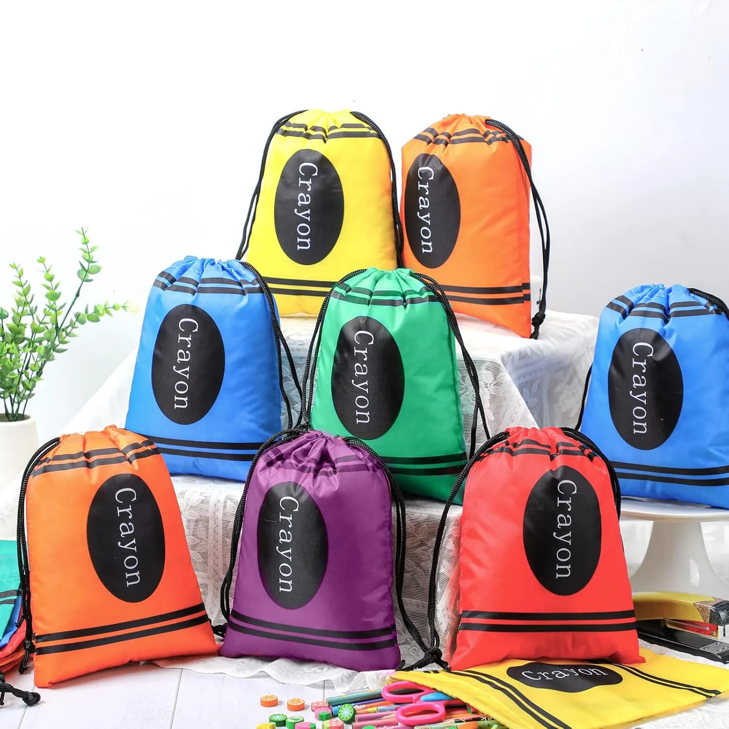 Sweetude 24 Pcs Crayon Drawstring Bags 10 x 7 Inch Preschool Graduation Gift Decoration Bulk 6 Colors Rainbow Reusable Treat Bags Back to School Crayon Party Favor Birthday Party Supplies