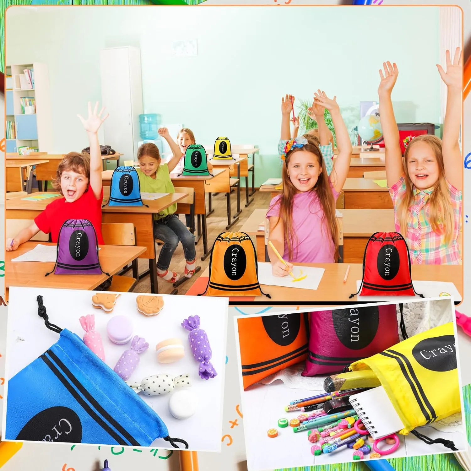 Sweetude 24 Pcs Crayon Drawstring Bags 10 x 7 Inch Preschool Graduation Gift Decoration Bulk 6 Colors Rainbow Reusable Treat Bags Back to School Crayon Party Favor Birthday Party Supplies