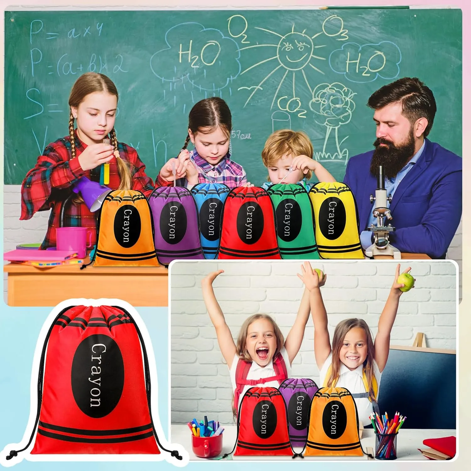Sweetude 24 Pcs Crayon Drawstring Bags 10 x 7 Inch Preschool Graduation Gift Decoration Bulk 6 Colors Rainbow Reusable Treat Bags Back to School Crayon Party Favor Birthday Party Supplies