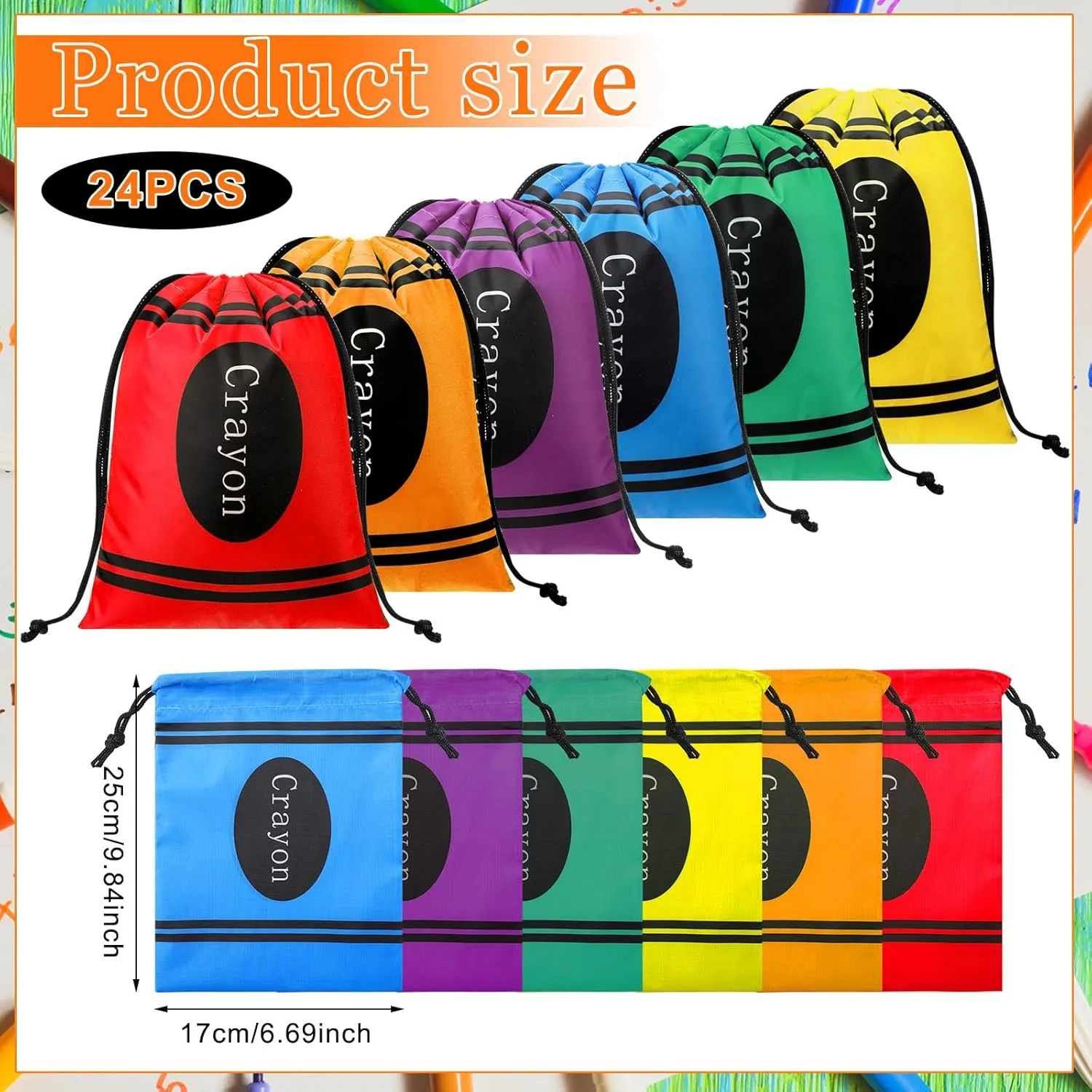 Sweetude 24 Pcs Crayon Drawstring Bags 10 x 7 Inch Preschool Graduation Gift Decoration Bulk 6 Colors Rainbow Reusable Treat Bags Back to School Crayon Party Favor Birthday Party Supplies