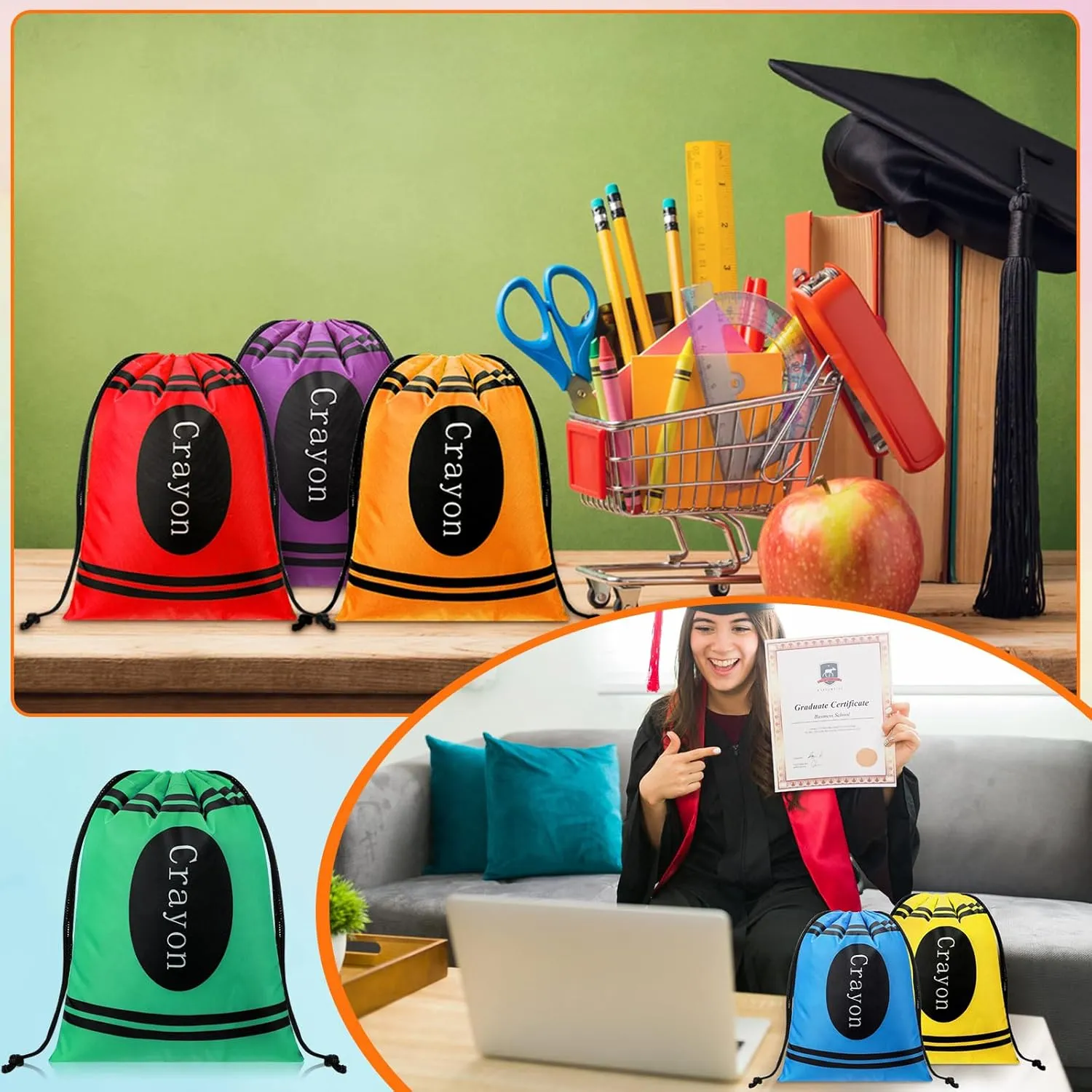 Sweetude 24 Pcs Crayon Drawstring Bags 10 x 7 Inch Preschool Graduation Gift Decoration Bulk 6 Colors Rainbow Reusable Treat Bags Back to School Crayon Party Favor Birthday Party Supplies