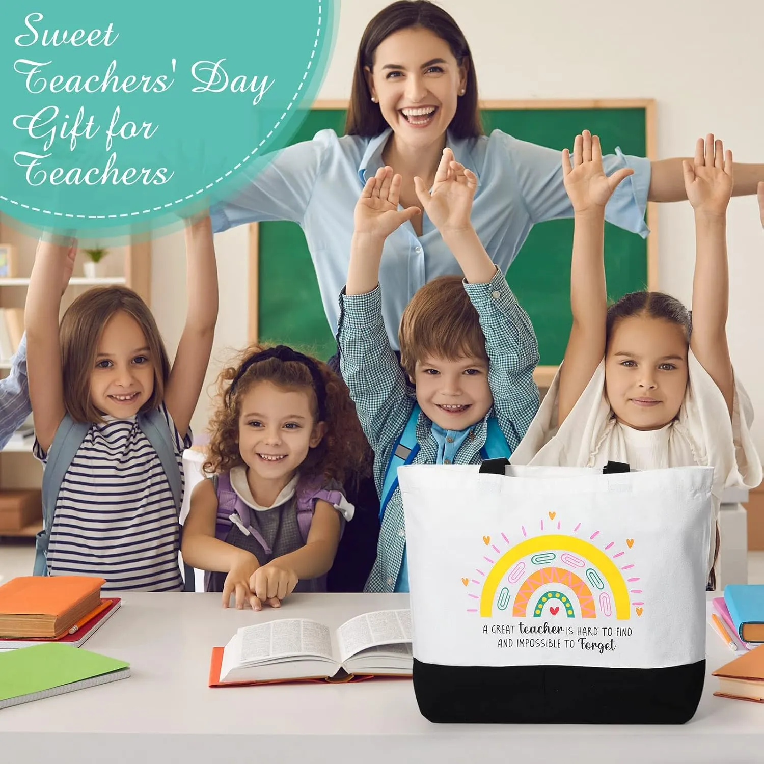 Sweetude 8 Pack Teacher Appreciation Bag Canvas Tote Bag Bulk Rainbow Teachers Day Thank You Gifts Graduation