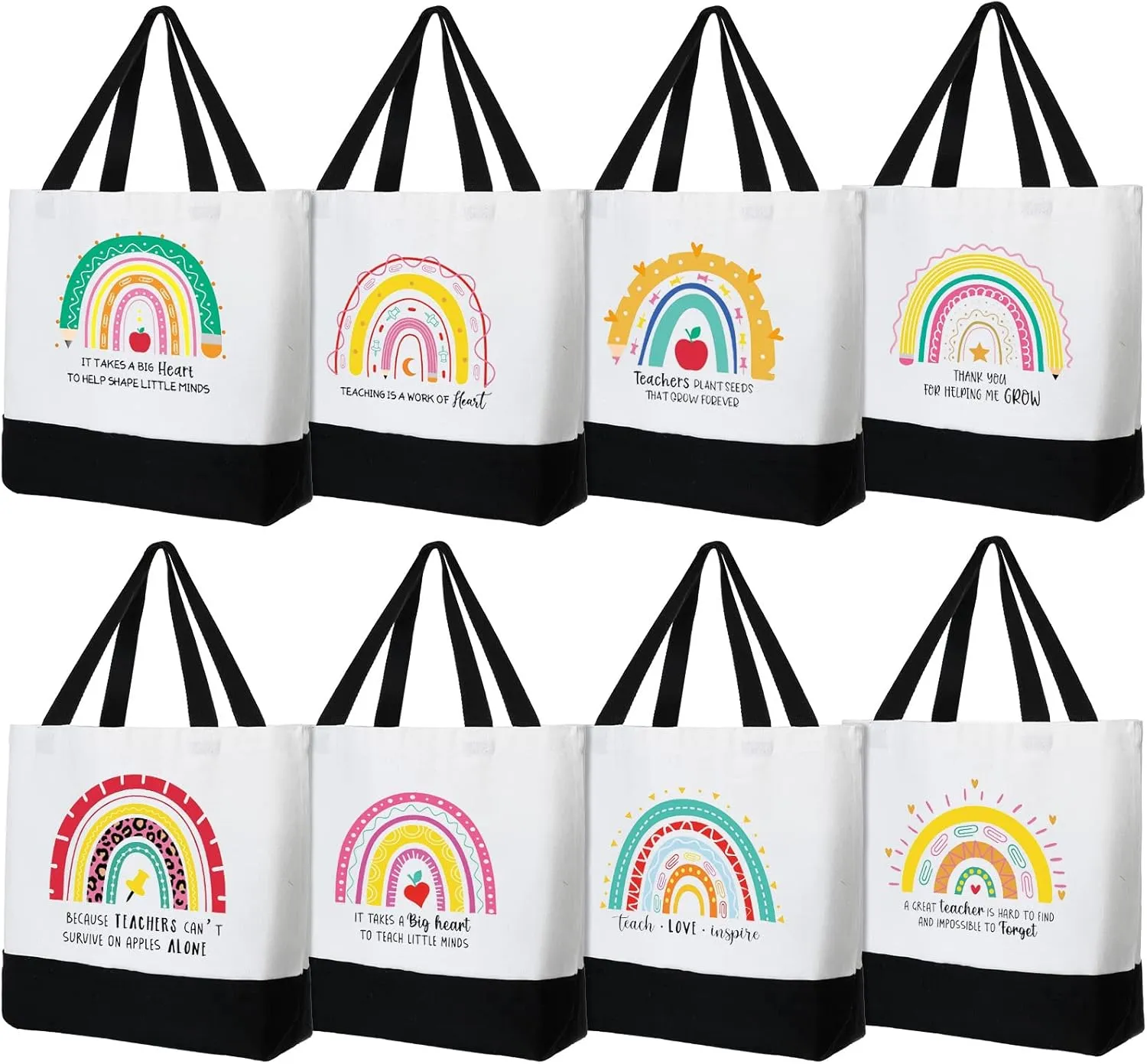 Sweetude 8 Pack Teacher Appreciation Bag Canvas Tote Bag Bulk Rainbow Teachers Day Thank You Gifts Graduation