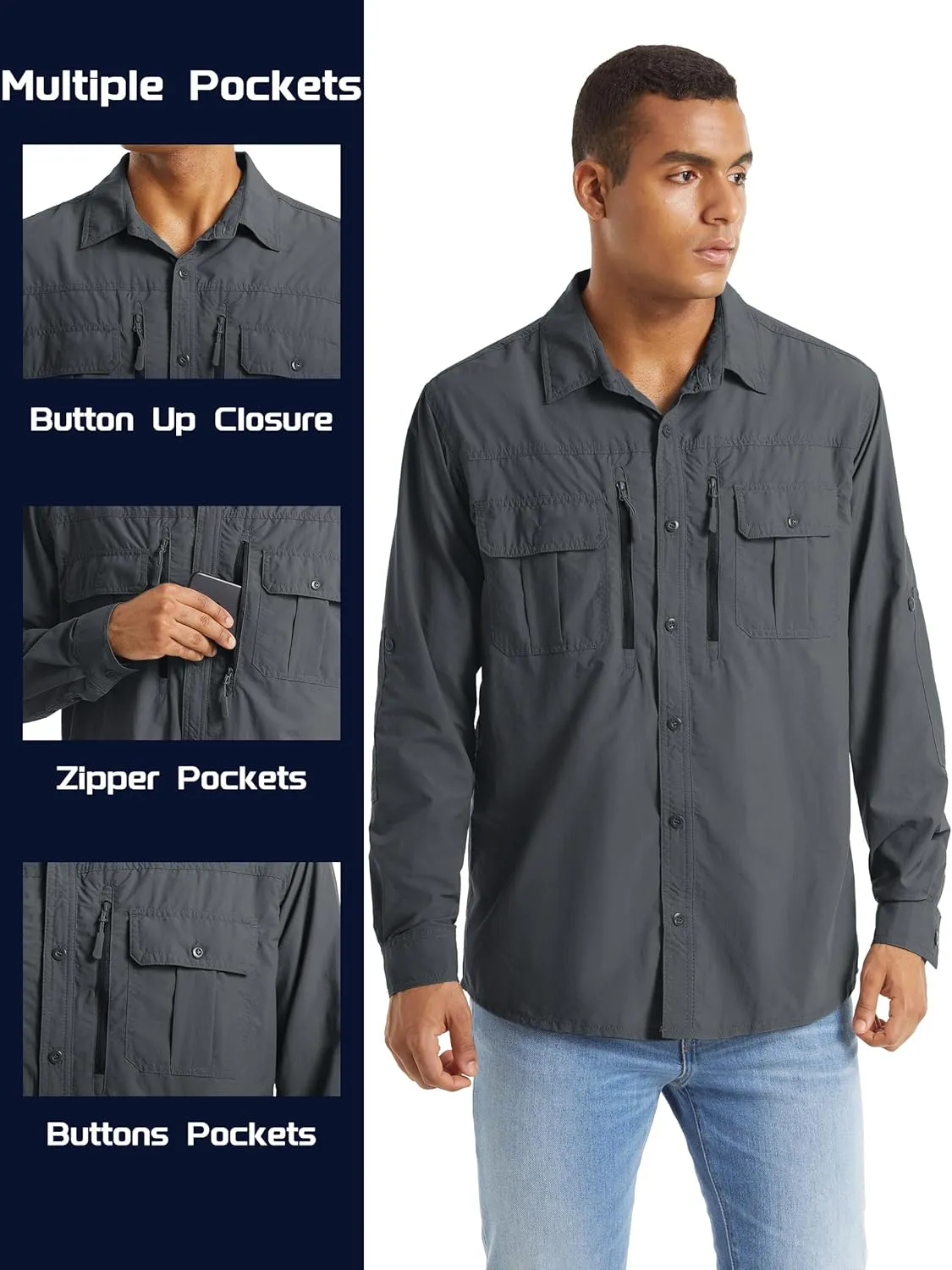 TACVASEN Fishing Shirt for Men, Long Sleeve Shirt Quick Dry Fit, Tactical Shirt Button Up, Work Shirt Lightweight Safari