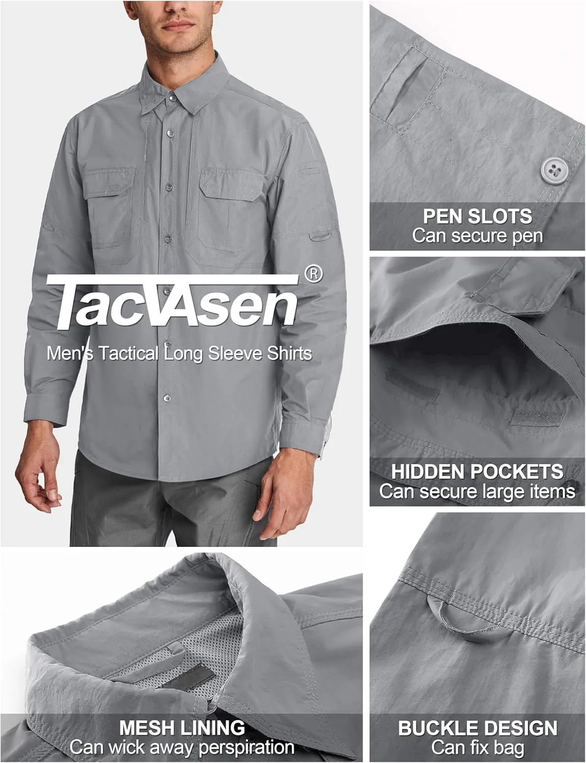 TACVASEN Men's Tactical Shirts Long Sleeve Quick Dry Breathable Button Down Fishing Work Safari Hiking Camping Hunting
