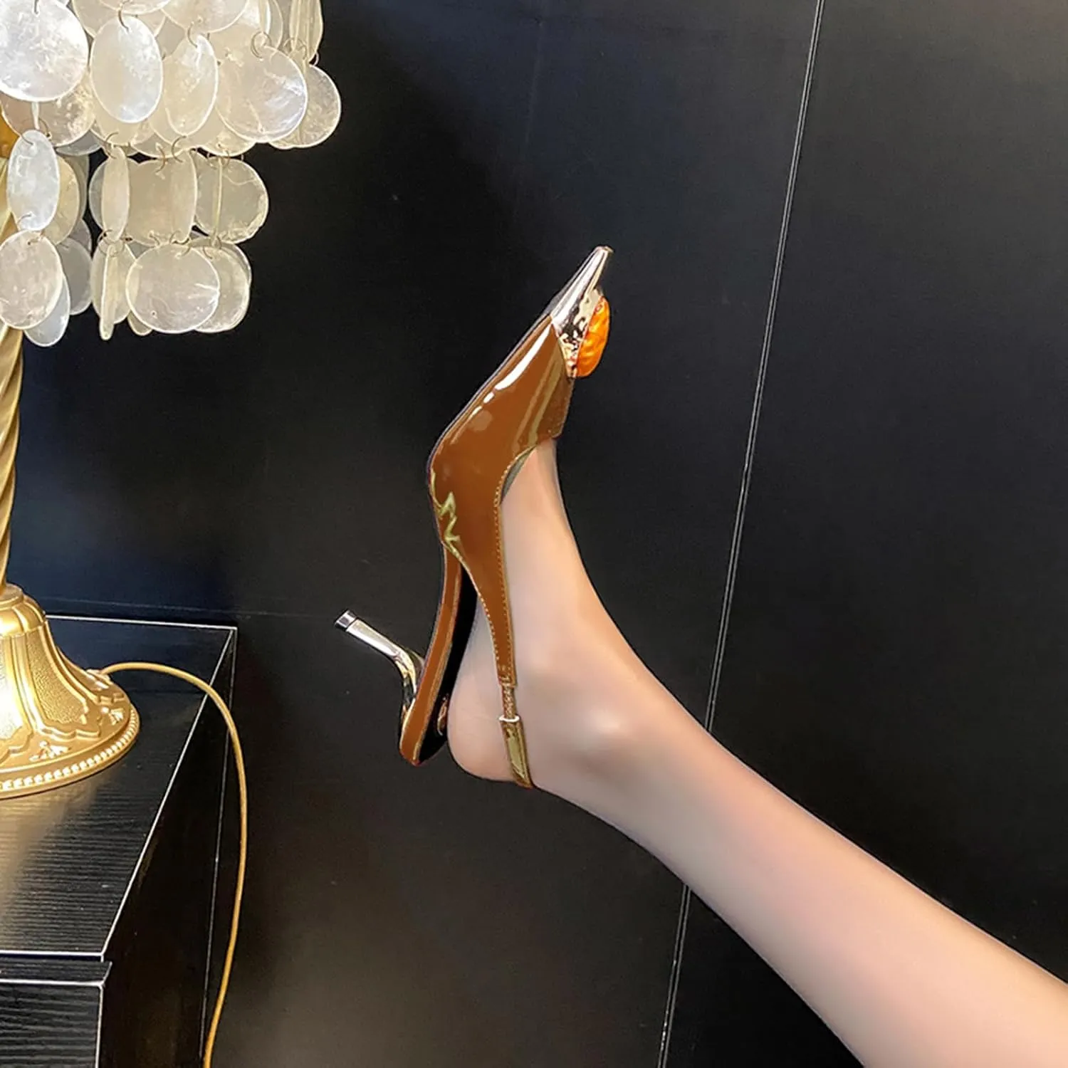 THESHY Womens Slingback High Heels Metal Pointed Toe Stiletto Heels Gems Embellished Stretch Slingback Pumps Patent Leather Fashion Party Dress Shoes for Women