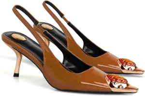 THESHY Womens Slingback High Heels Metal Pointed Toe Stiletto Heels Gems Embellished Stretch Slingback Pumps Patent Leather Fashion Party Dress Shoes for Women