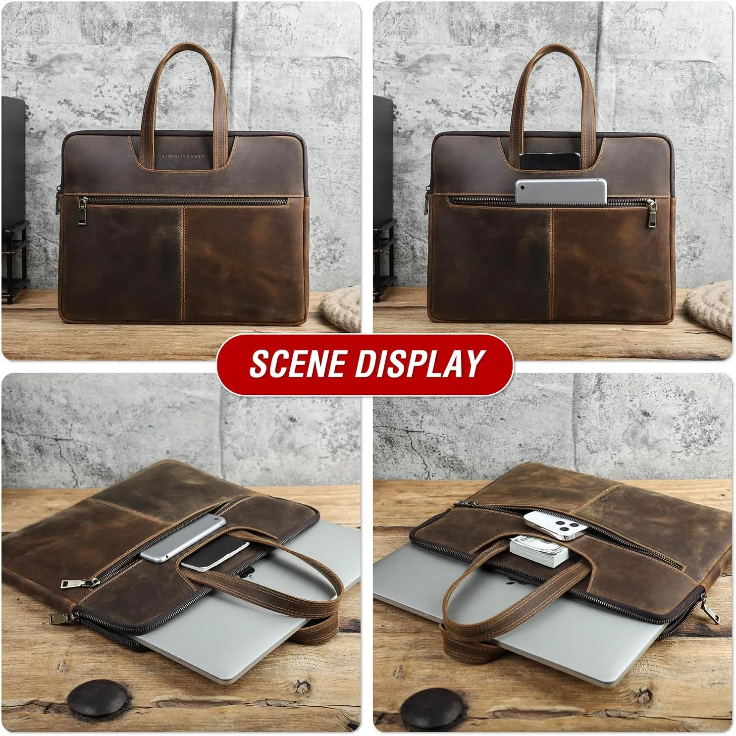 Top Grain Leather Text Customizable 15.4" Slim Laptop Briefcase Handbag, Vintage Handmade, Compatible with MacBook Pro/Air 13.3"/14.2"/15.4"/16" & other Laptop/Tablet, Coffee 15.4 Inch