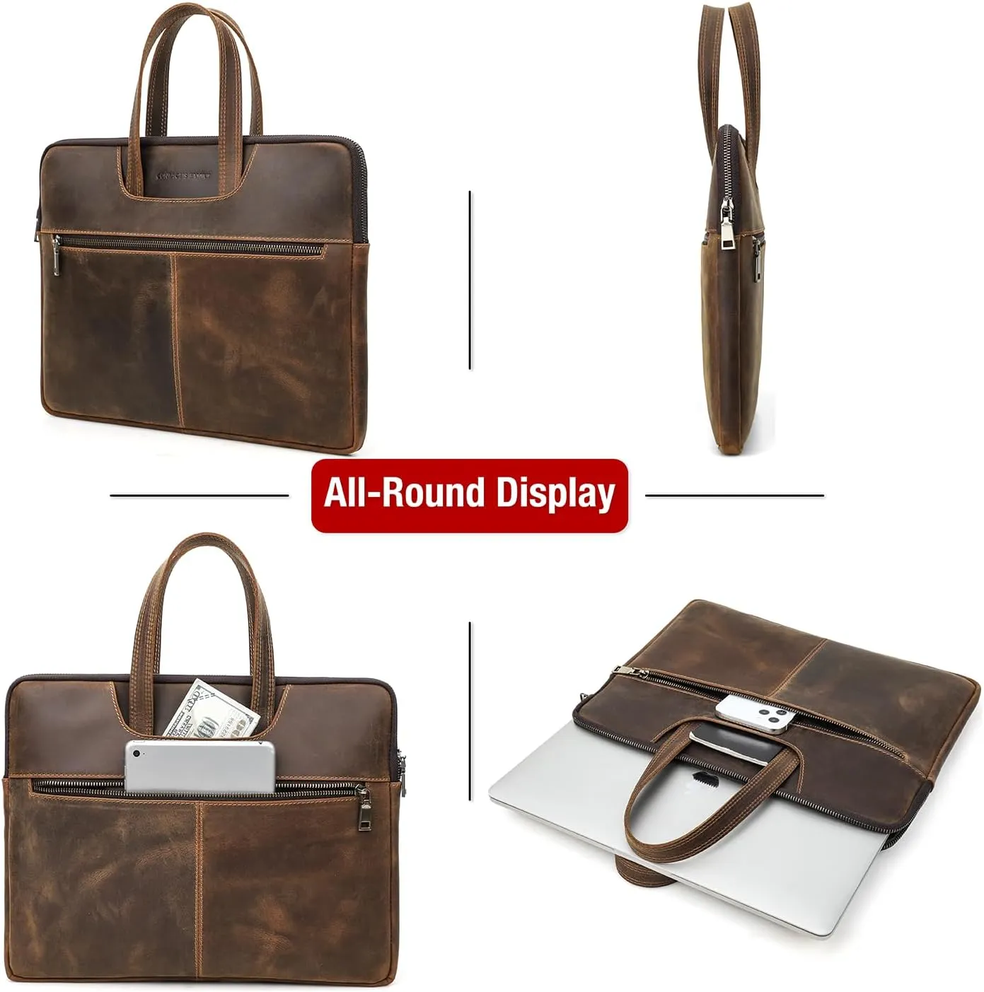 Top Grain Leather Text Customizable 15.4" Slim Laptop Briefcase Handbag, Vintage Handmade, Compatible with MacBook Pro/Air 13.3"/14.2"/15.4"/16" & other Laptop/Tablet, Coffee 15.4 Inch