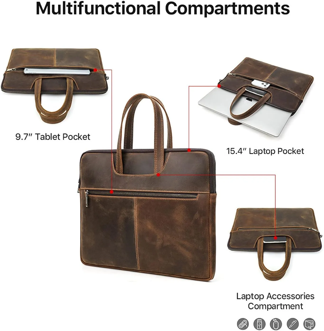 Top Grain Leather Text Customizable 15.4" Slim Laptop Briefcase Handbag, Vintage Handmade, Compatible with MacBook Pro/Air 13.3"/14.2"/15.4"/16" & other Laptop/Tablet, Coffee 15.4 Inch