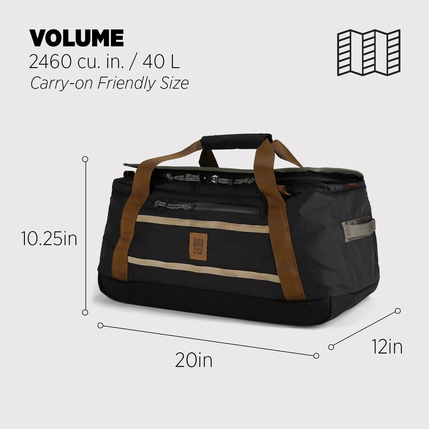 Topo Designs Mountain Duffel 40L, Recycled Nylon Ripstop Travel Bag, Removable Backpack Straps, Interior Mesh Pockets, Bluesign Approved (Black/Neutral)