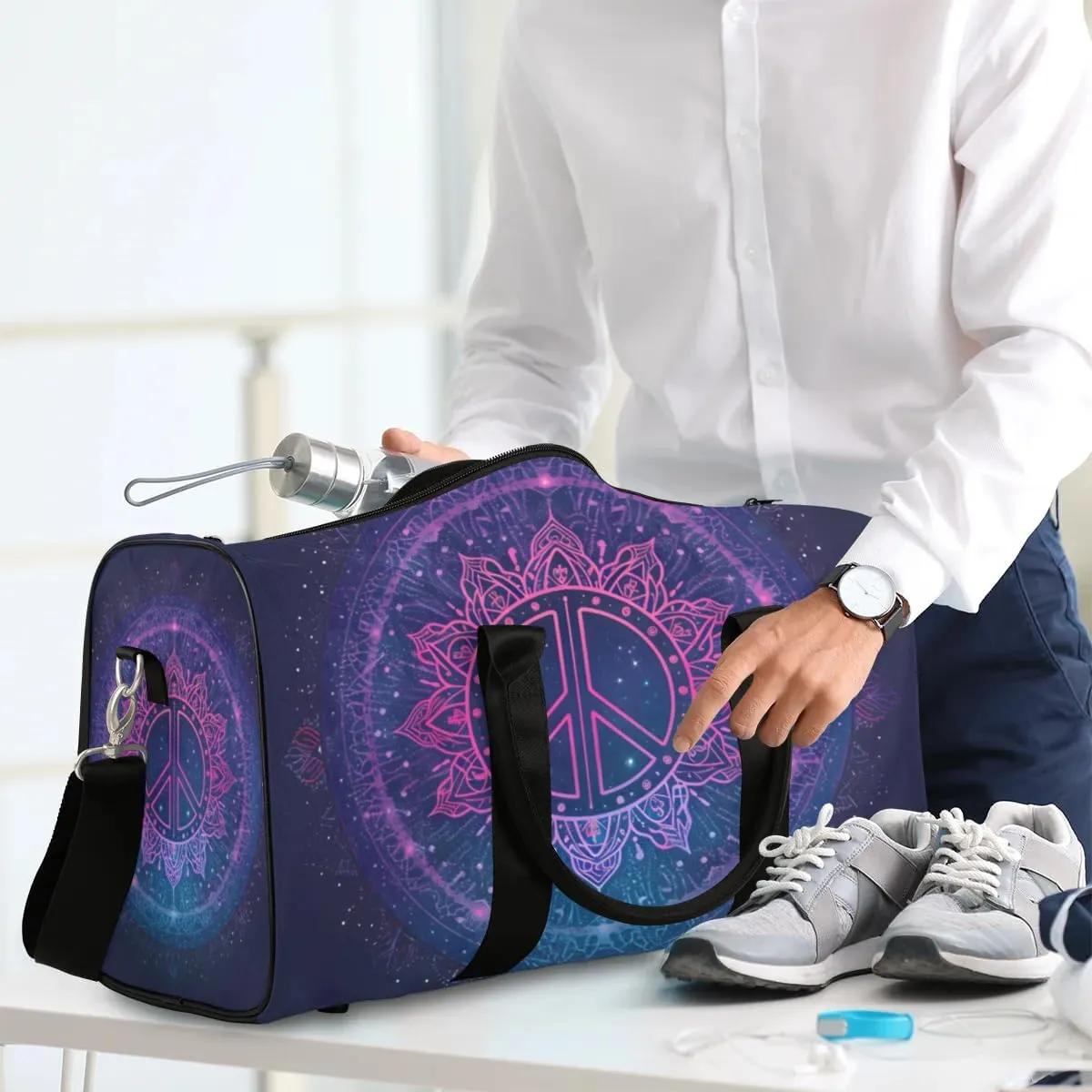 Travel Duffel Bag, Boho Mandala Peace Sign Sports Tote Gym Bag Foldable Western Aztec Weekender Bag Carry on Luggage Handle Bag Overnight Shoulder Bag for Women Men,A-1480