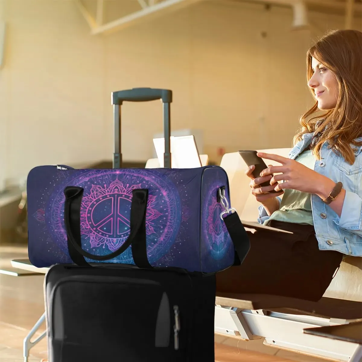 Travel Duffel Bag, Boho Mandala Peace Sign Sports Tote Gym Bag Foldable Western Aztec Weekender Bag Carry on Luggage Handle Bag Overnight Shoulder Bag for Women Men,A-1480