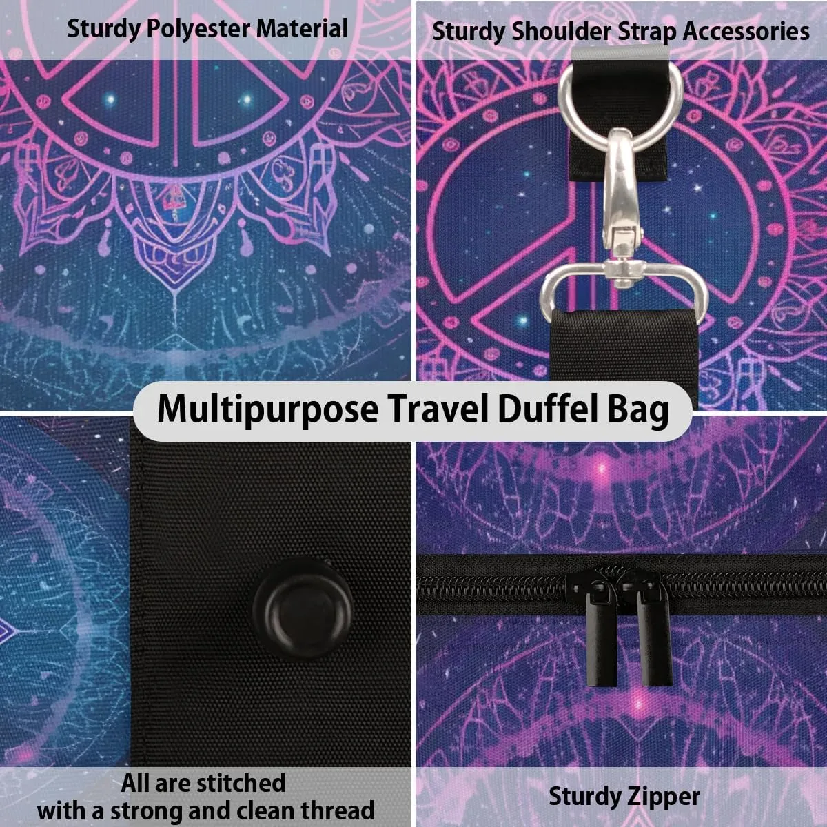 Travel Duffel Bag, Boho Mandala Peace Sign Sports Tote Gym Bag Foldable Western Aztec Weekender Bag Carry on Luggage Handle Bag Overnight Shoulder Bag for Women Men,A-1480