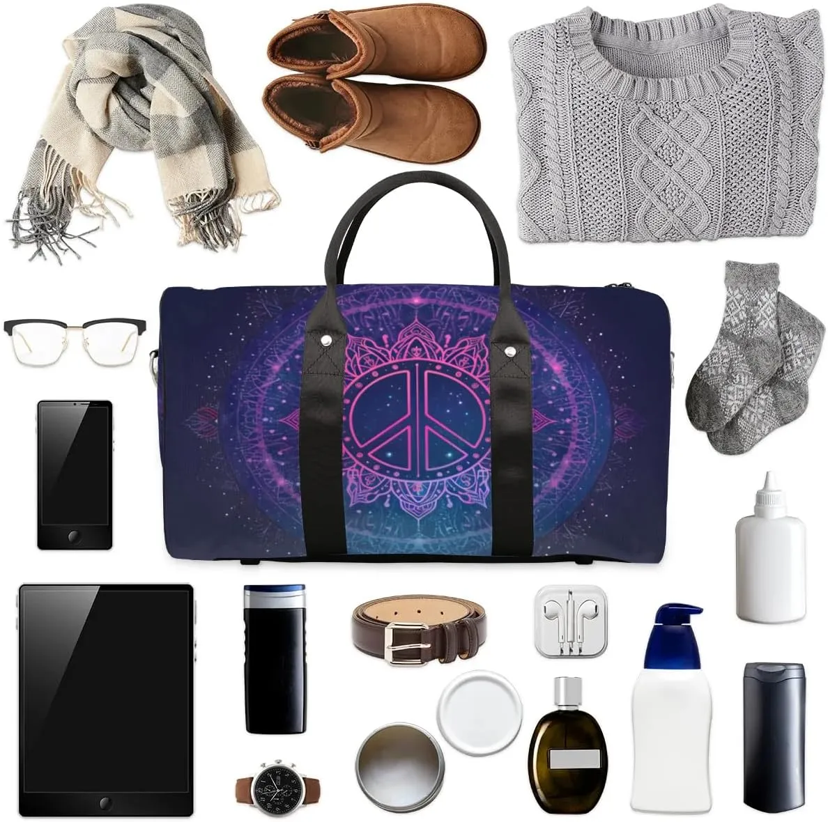 Travel Duffel Bag, Boho Mandala Peace Sign Sports Tote Gym Bag Foldable Western Aztec Weekender Bag Carry on Luggage Handle Bag Overnight Shoulder Bag for Women Men,A-1480