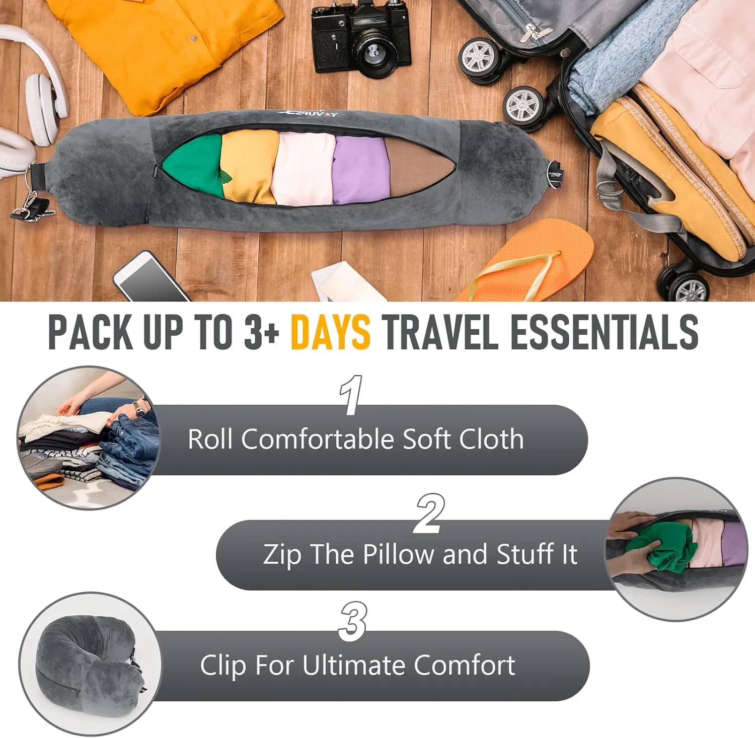 Travel Neck Pillow Stuffable with Clothes, Stuffable Neck Pillow for Travel, Packable Fillable Storage Bag for Airplane Travel, Soft Velvet Neck Pillow Case Cover
