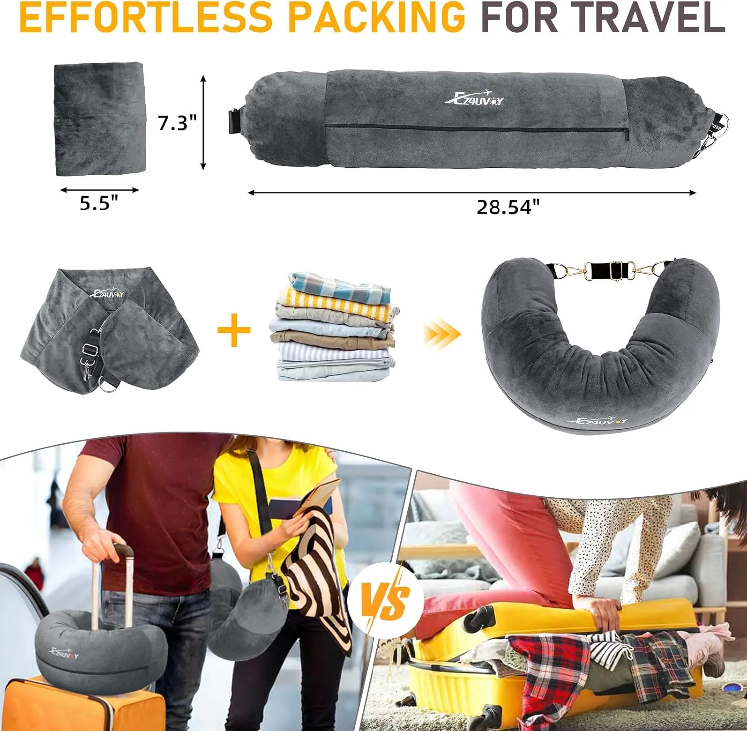 Travel Neck Pillow Stuffable with Clothes, Stuffable Neck Pillow for Travel, Packable Fillable Storage Bag for Airplane Travel, Soft Velvet Neck Pillow Case Cover