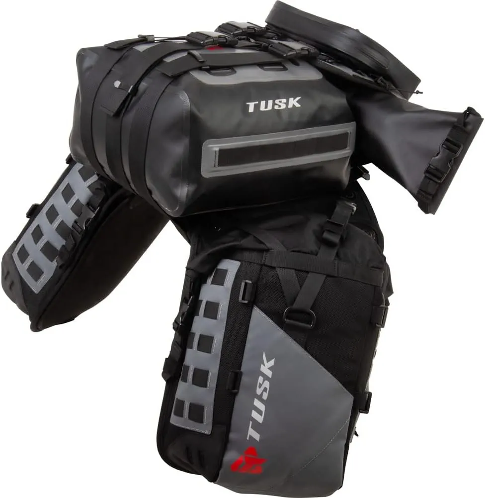 TUSK Highland X2 Rackless Luggage System w/Small Dry Duffel Tail Bag Standard Heat Shield Black/Grey For Suzuki V-Strom 800DE Adventure 2023-2024
