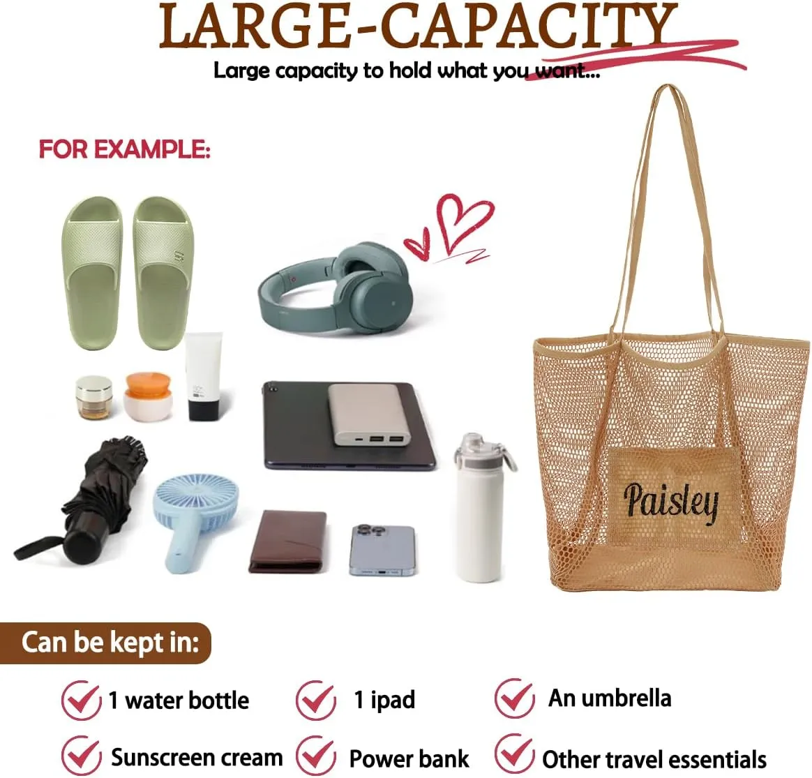 Ulico Personalized Straw Beach Bags for Women, Large Tote Bag with Embroidered Name， Lightweight Foldable Shoulder Bag
