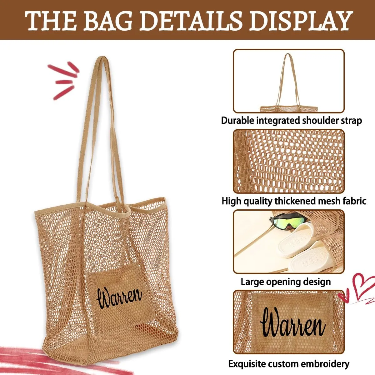 Ulico Personalized Straw Beach Bags for Women, Large Tote Bag with Embroidered Name， Lightweight Foldable Shoulder Bag
