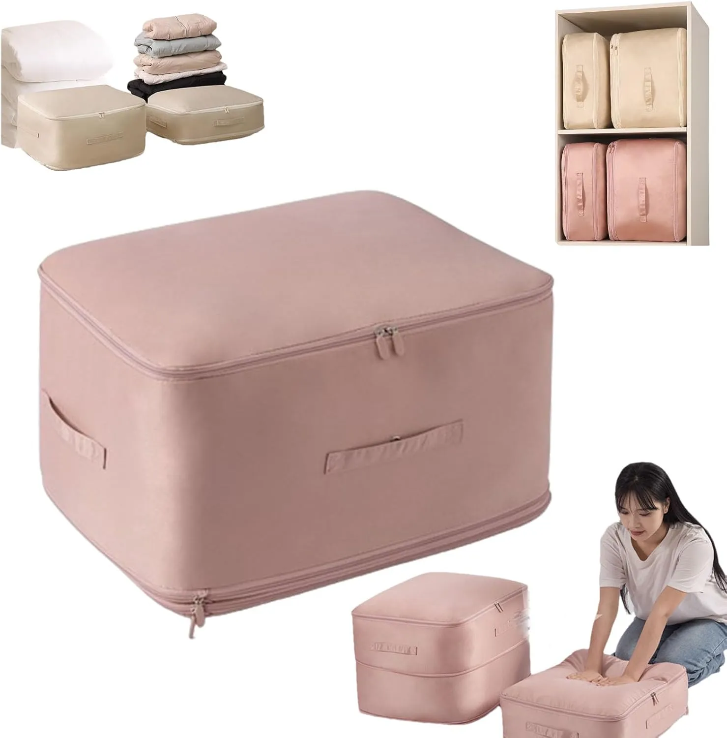Ultra Space Saving Self Compression Organizer, Compression Duvet Storage Bag Large Capacity, Heavy Duty Moving Bags, Self Compression Moving Organizer Bags for Comforters, Clothes (PINK,X-Large)