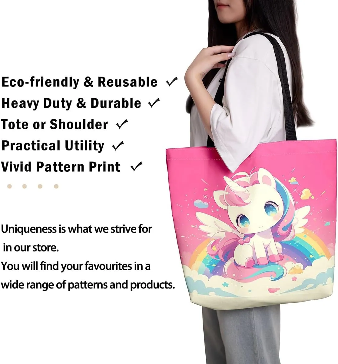 Unicorn Canvas Tote Bag Unicorns Foldable Handbag Cute Rainbow Cartoon Horse Canvas Bag Kawaii Shoulder Bag