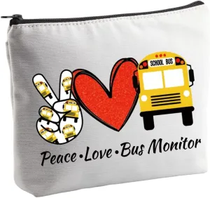 VAMSII Peace Love Bus Monitor Gifts Makeup Bag School Bus Driver Appreciation Gifts Women Cosmetic Bag Bus Driver Retirement Gifts (White)