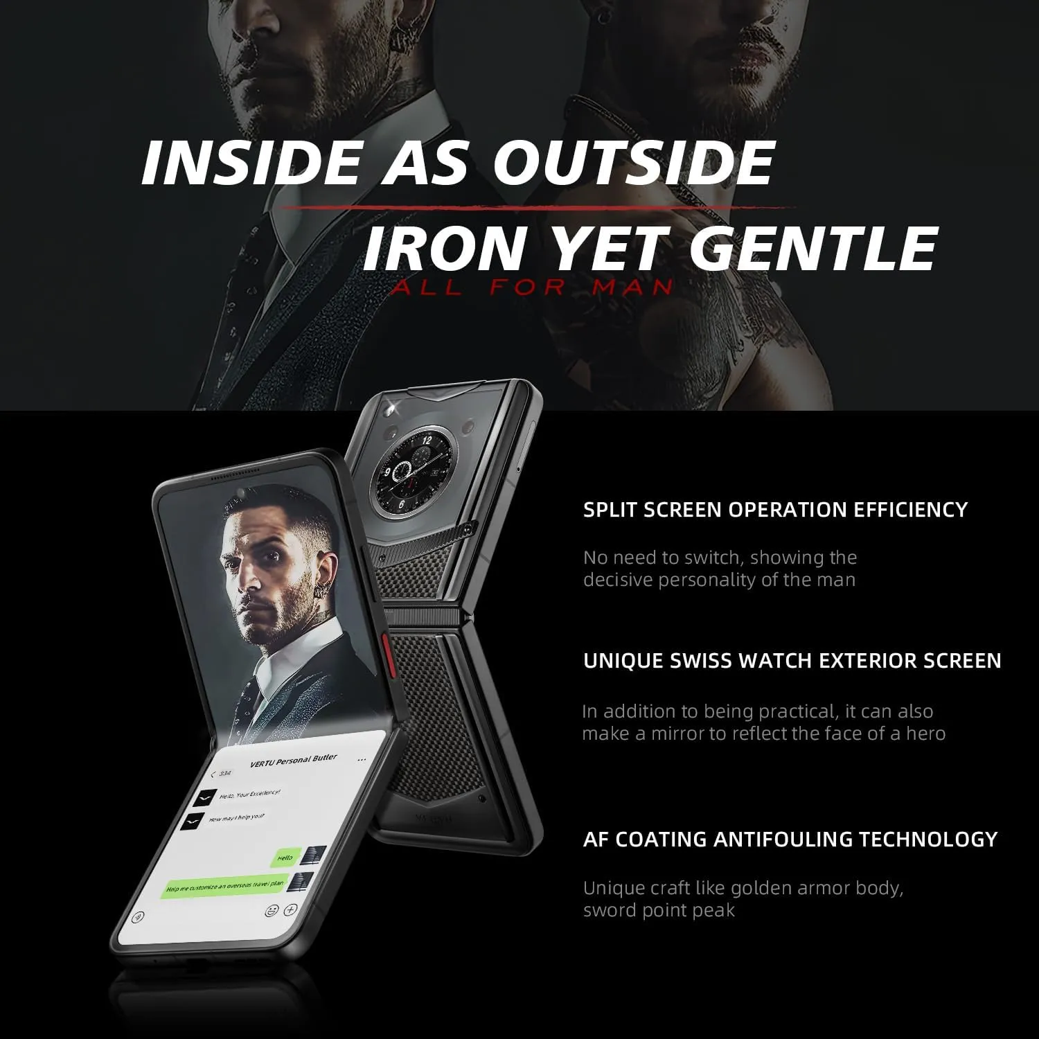 VERTU IRONFLIP Custom Carbon Fiber Flip Cell Phone, Unlocked Android 5G Smartphone, Foldable Design, One-Hand Control, 50MP Camera, 12G 512G, Dual SIM, 6.9" 120Hz OLED, Fast Charge (Carbon Black)