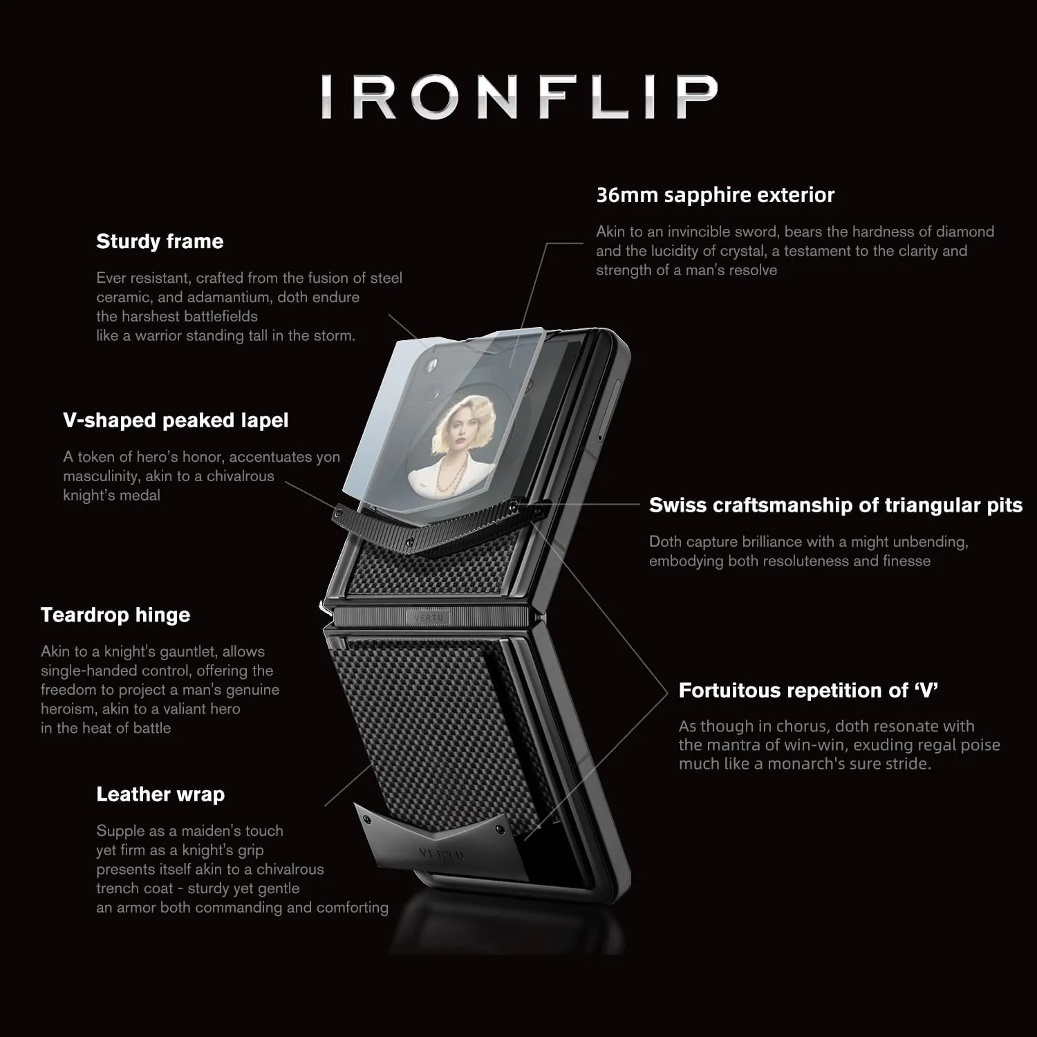 VERTU IRONFLIP Custom Carbon Fiber Flip Cell Phone, Unlocked Android 5G Smartphone, Foldable Design, One-Hand Control, 50MP Camera, 12G 512G, Dual SIM, 6.9" 120Hz OLED, Fast Charge (Carbon Black)